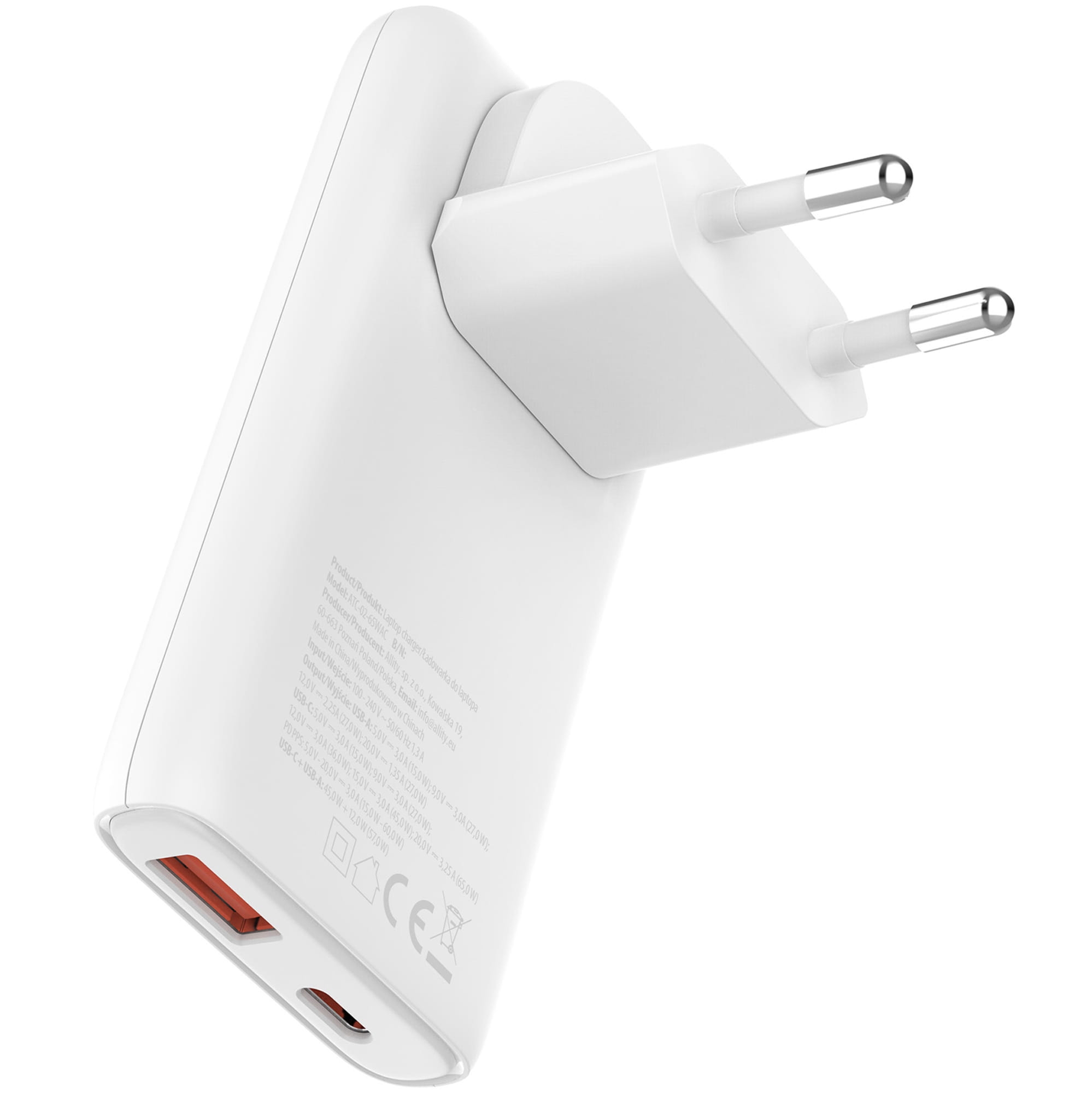 Ładowarka sieciowa Allity ATC-02-65WAC 1x USB-C / 1x USB-A GaN PD QC 65W, biała