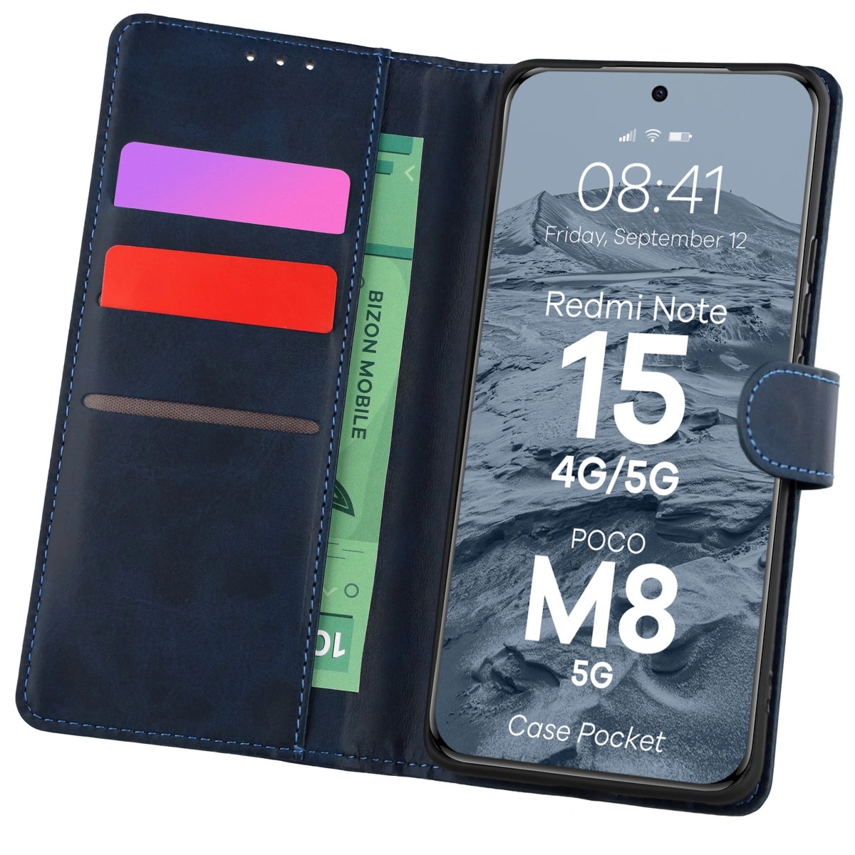 Etui z klapką Bizon Case Pocket do Xiaomi Redmi Note 15 / POCO M8 5G, granatowe