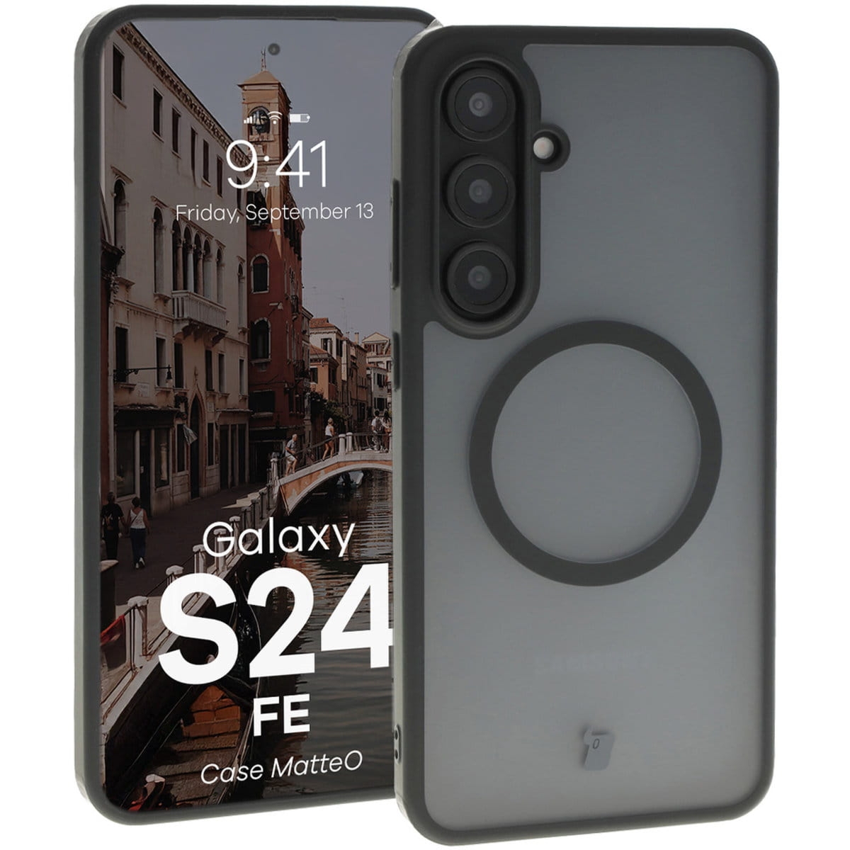 Etui z pierścieniem magnetycznym Bizon Case MatteO do Galaxy S24 FE, półprzezroczyste z czarną ramką