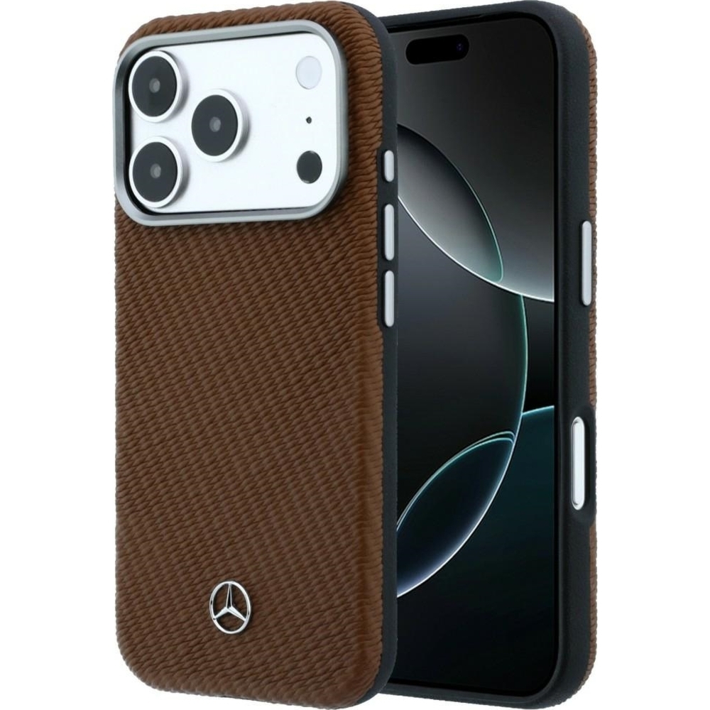 Etui Mercedes-Benz Leather Semi Wrap Wood Effect MagSafe do iPhone 17 Pro, brązowe