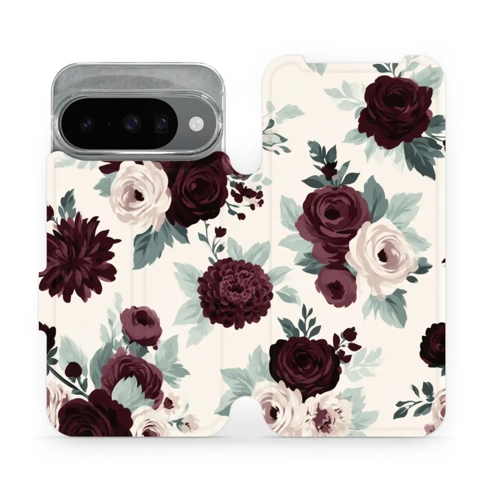 Etui z klapką do Google Pixel 10, Mobiwear Book, róże z szałwią na kremie