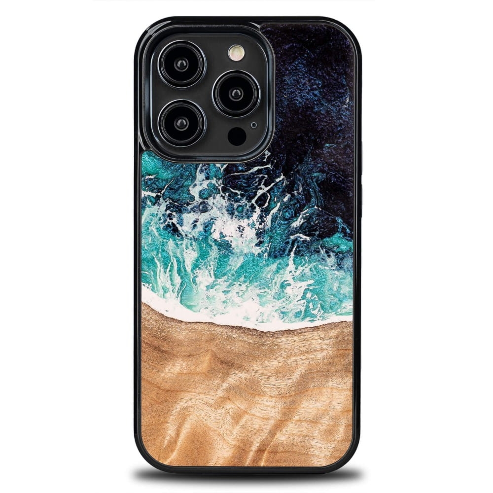 Drewniane etui do iPhone 14 Pro, Bewood Unique Dream Island, niebiesko-brązowe