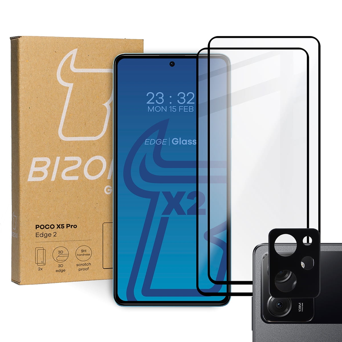 Image of 2x Szkło + szybka na aparat Bizon Edge 2 Pack do Poco X5 Pro
