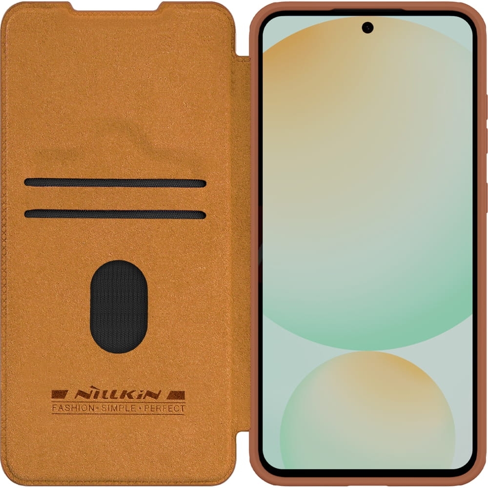 Image of Etui z klapką i ochroną aparatu Nillkin Qin Pro do Galaxy S24 FE, brązowe