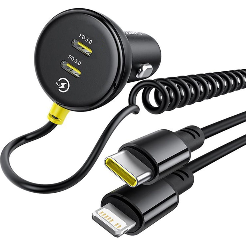 Image of Ładowarka samochodowa Baseus Circular 2x USB-C PD 3.0, 60W + kabel Lightning, USB-C, czarna