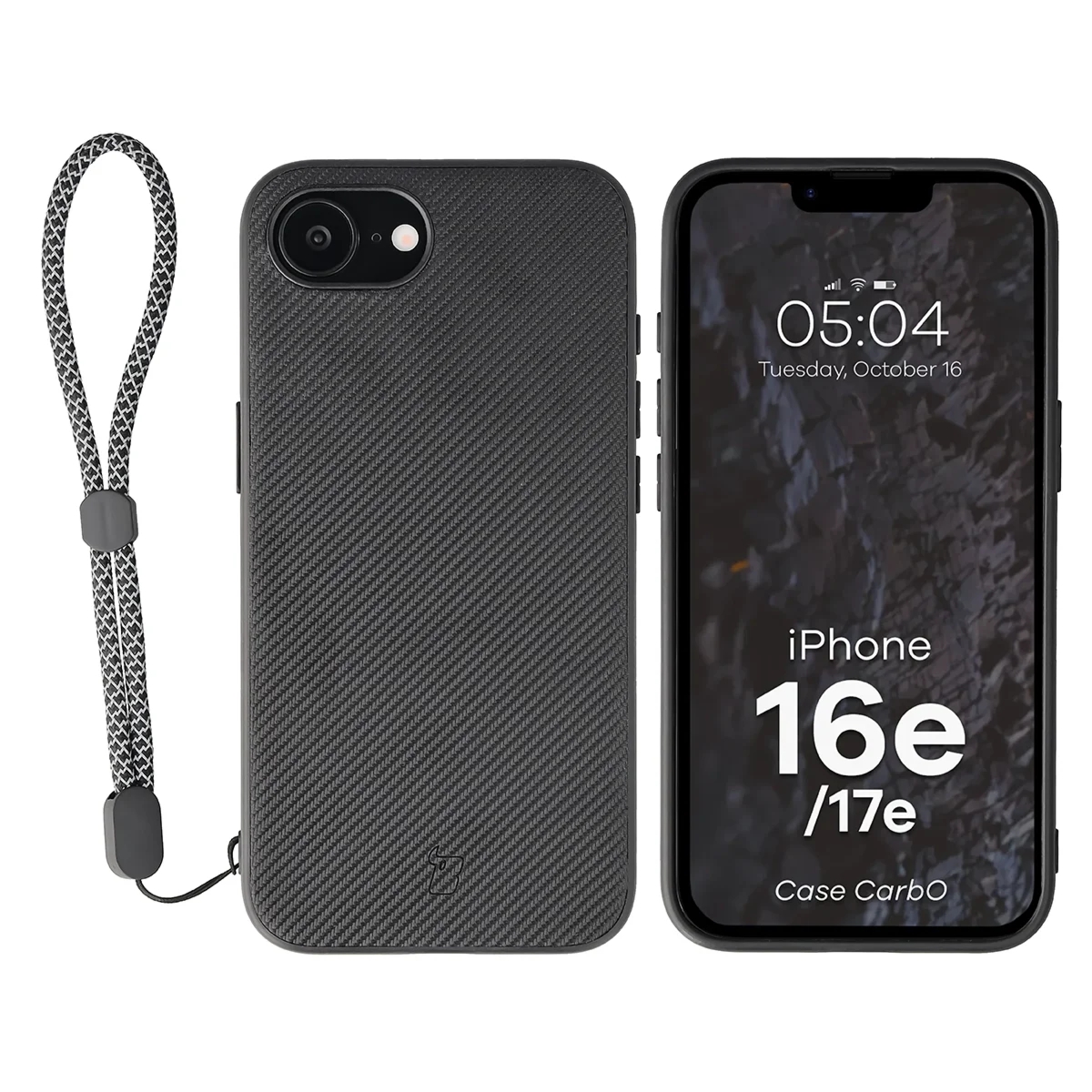 Etui ze smyczką na nadgarstek i pierścieniem magnetycznym Bizon Case CarbO do iPhone 17e / 16e, czarne