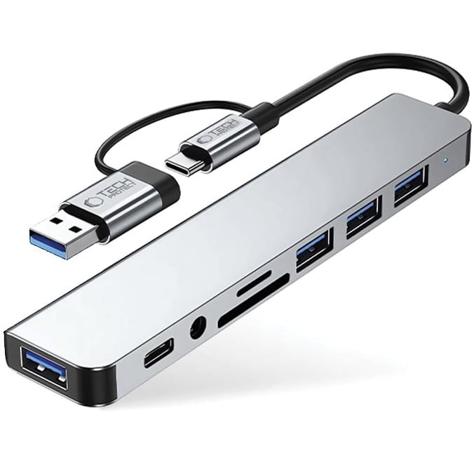 Image of Hub, adapter Tech-Protect HB06, 8w1 4x USB-A, 1x USB-C, Minijack 3.5mm, Czytnik kart SD / TF, szary