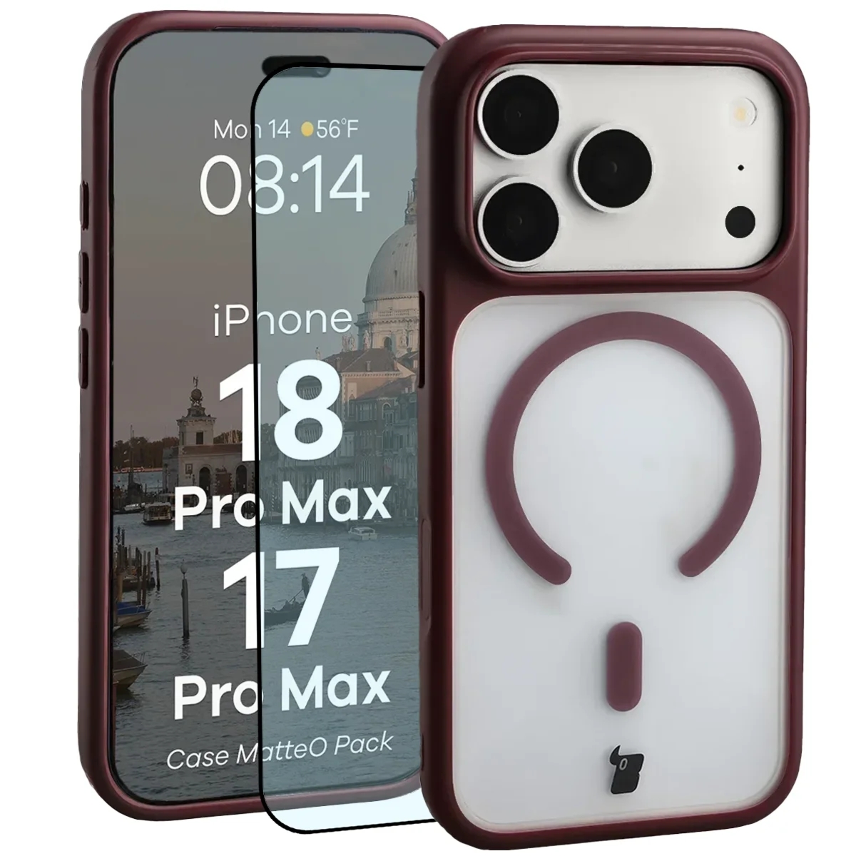 Etui z pierścieniem magnetycznym + szkło hartowane Bizon MatteO Pack do iPhone 18 Pro Max / 17 Pro Max, półprzezroczyste z burgundową ramką