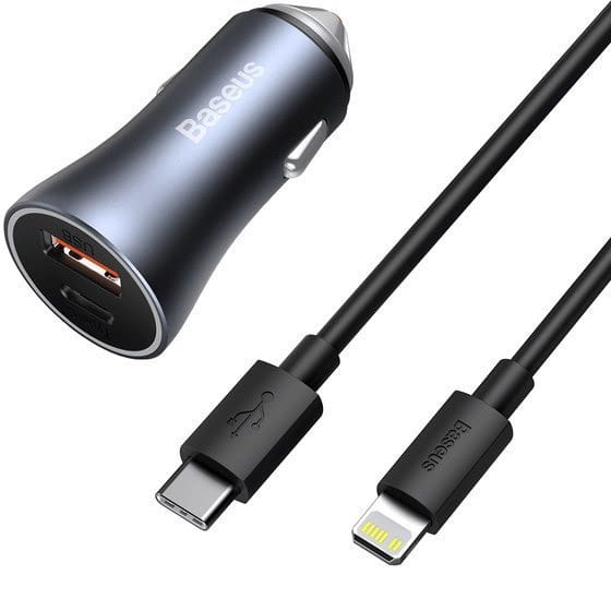 Image of OUTLET: Ładowarka samochodowa Baseus Golden Contactor Pro 1xUSB-A, 1xUSB-C, PD 3.0, QC 4.0 + kabel USB-C do Lightning, szara