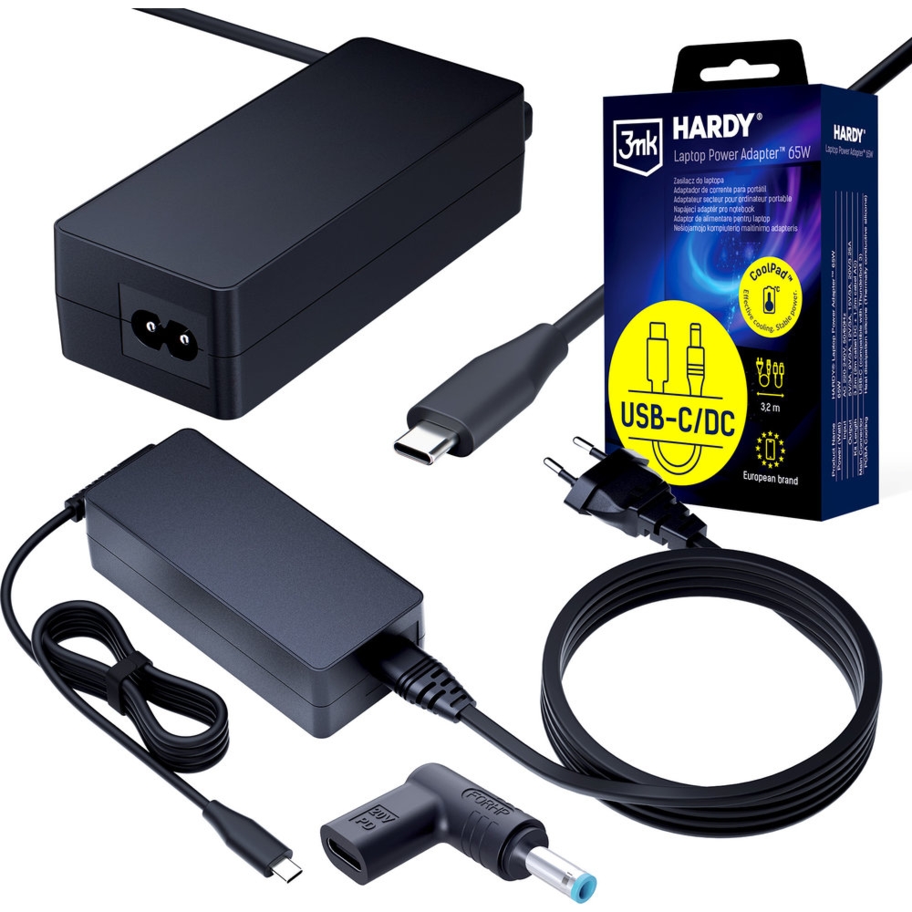 Zasilacz sieciowy 3mk do laptopa USB-C PD 65W, DC 4.5×3.0 mm (Blue Pin) do ultrabooków HP, 3,2 m, czarny