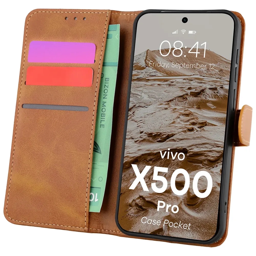 Etui z klapką Bizon Case Pocket do Vivo X500 Pro, brązowe