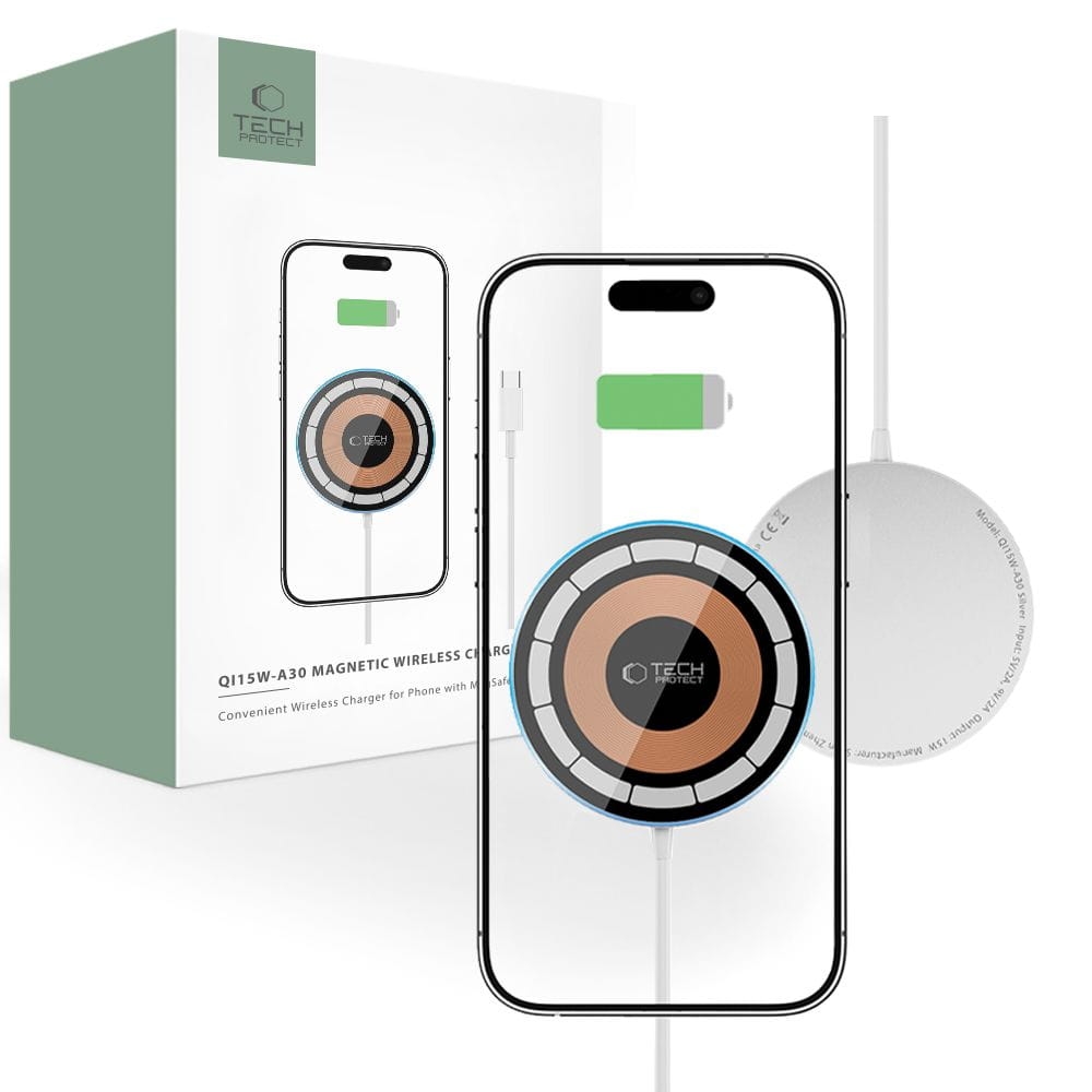 Image of OUTLET: Ładowarka indukcyjna Tech-Protect QI15W A30 Magnetic MagSafe Wireless Charger, srebrna