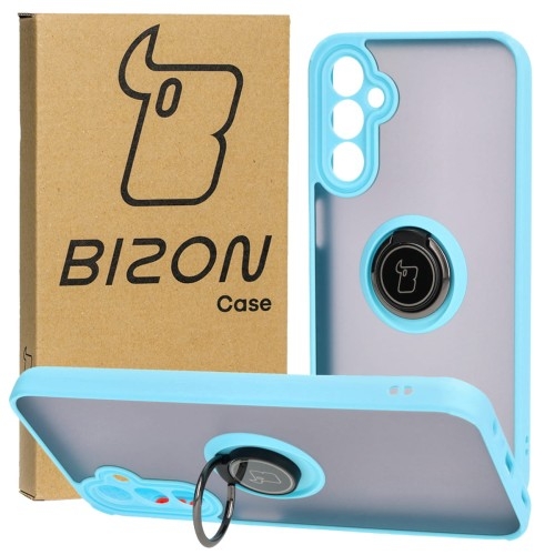 Image of Etui z uchwytem na palec Bizon Case Hybrid Ring do Galaxy A24 4G, przydymione z jasnoniebieską ramką