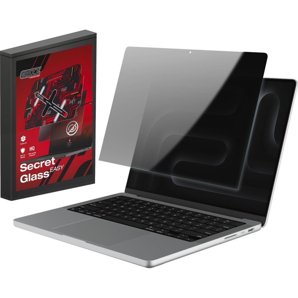 Szkło hybrydowe, prywatyzujące na ekran Grizz SecretGlass Easy do MacBook Pro 14″ M5 Max 2026 z aplikatorem, matowe