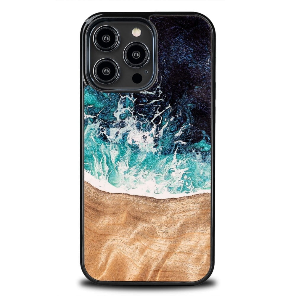Drewniane etui do iPhone 14 Pro Max, Bewood Unique Dream Island, niebiesko-brązowe
