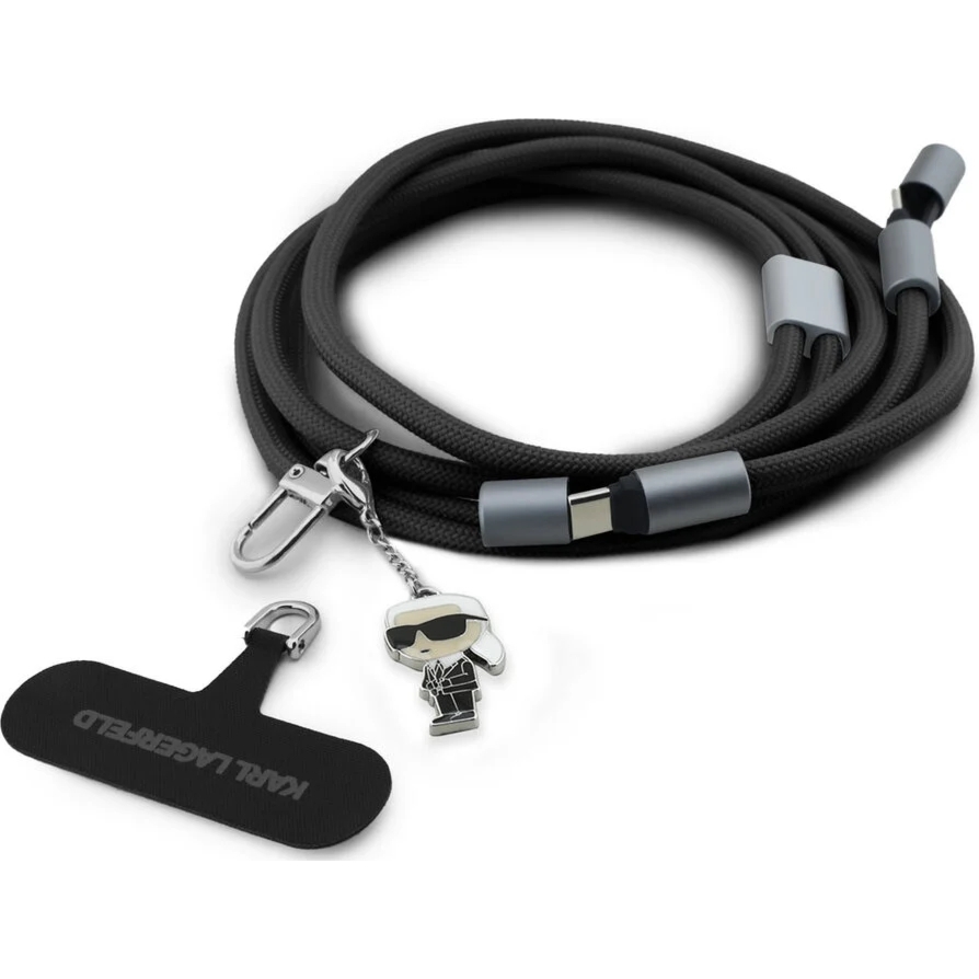 Smyczka na ramię do telefonu z kablem USB-C-USB-C Karl Lagerfeld CBDY Ikonik Charm, 150 cm, czarny