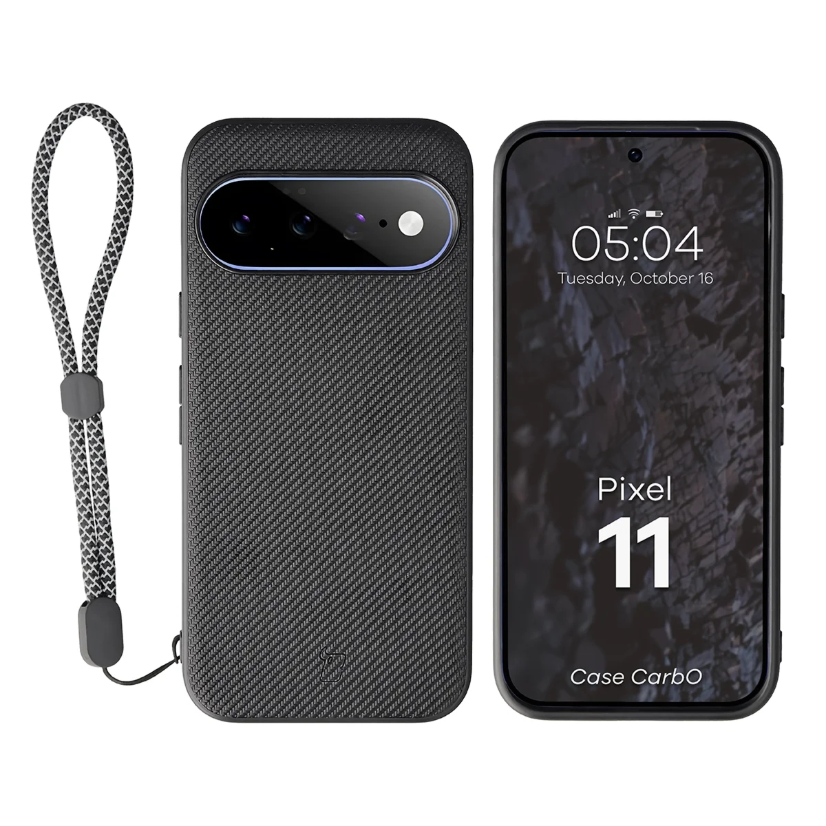 Etui ze smyczką na nadgarstek i pierścieniem magnetycznym Bizon Case CarbO do Google Pixel 11, czarne