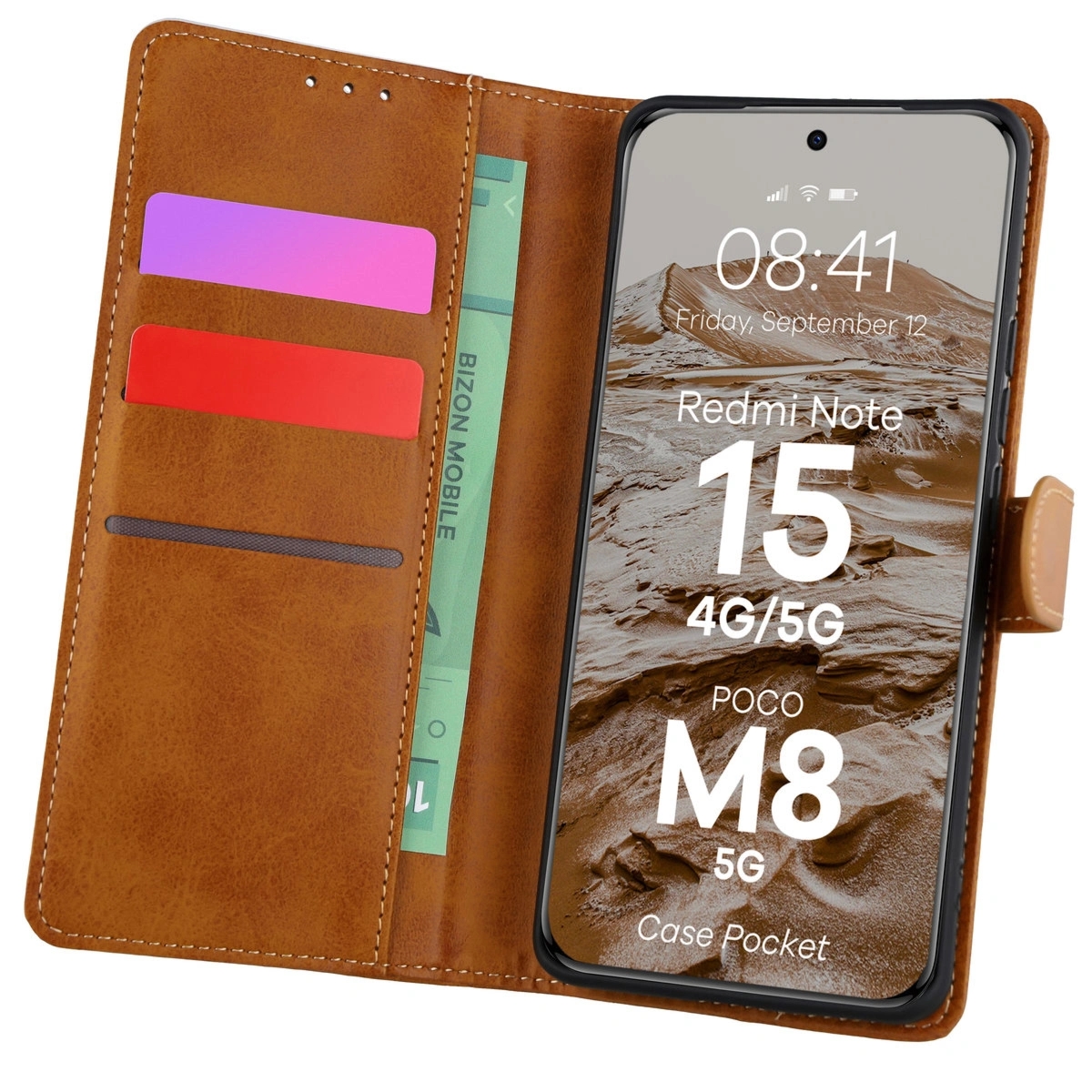 Etui z klapką Bizon Case Pocket do Xiaomi Redmi Note 15 / POCO M8 5G, brązowe
