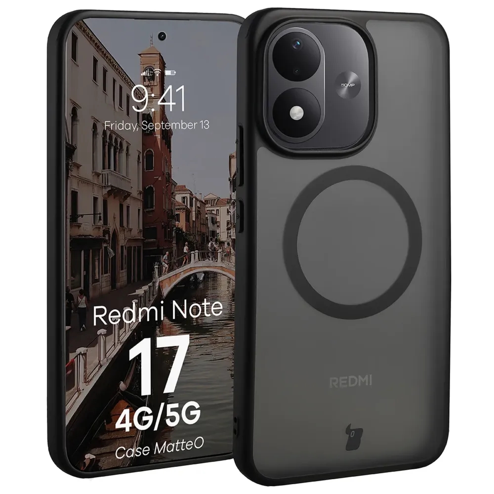 Etui z pierścieniem magnetycznym Bizon Case MatteO do Xiaomi Redmi Note 17 4G/5G, przydymione-czarne