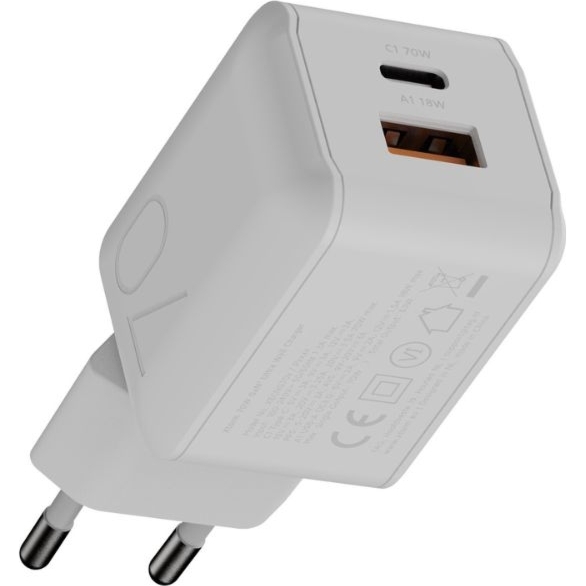 Ładowarka sieciowa Xtorm NextGen 70 W GaN, USB-C PD + USB-A, biała
