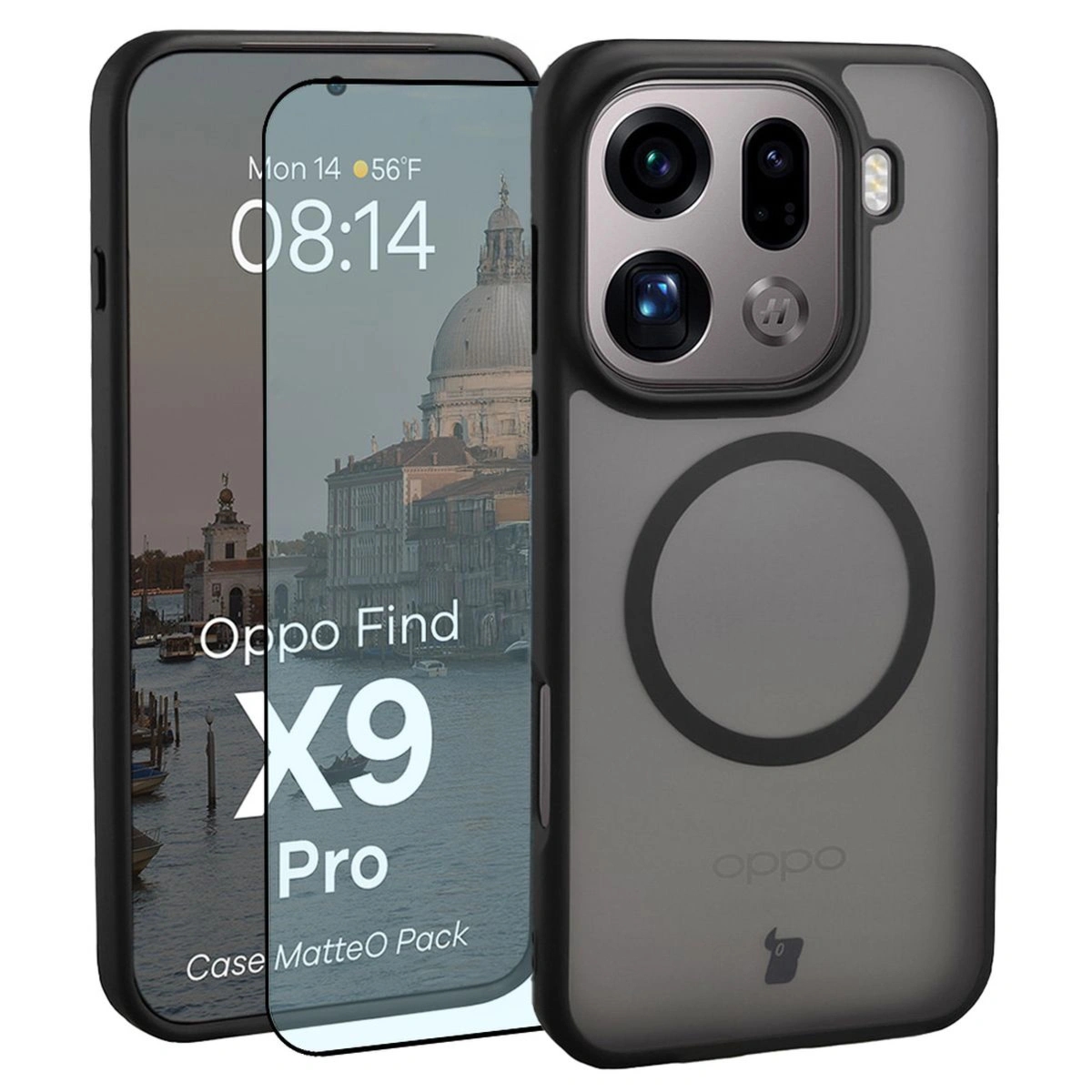 Etui z pierścieniem magnetycznym + szkło hartowane Bizon MatteO Pack do Oppo Find X9 Pro, przydymione-czarne