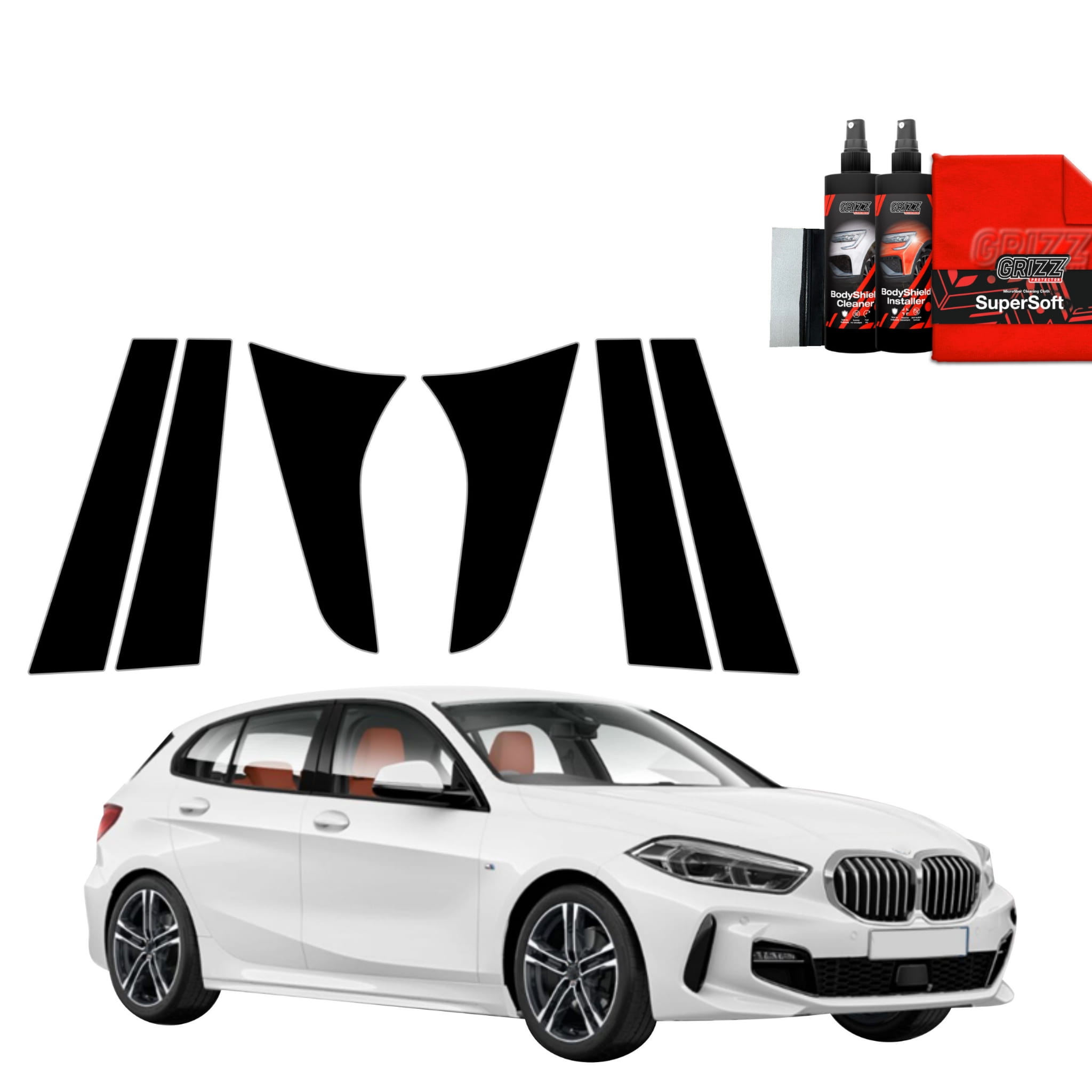 6w1 Czarna folia Grizz Protector na słupki do BMW 1 118i (2020-2026)