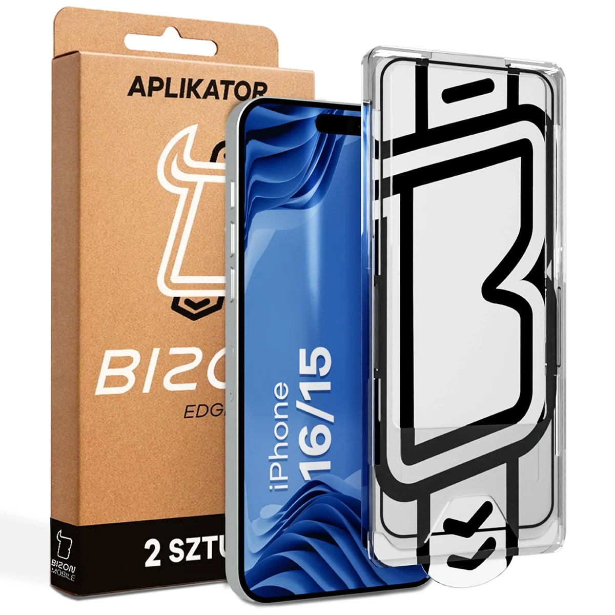 Szkło hartowane z ramką aplikacyjną Bizon Glass Aplikator Edge do iPhone 15 / 16, 2 zestawy