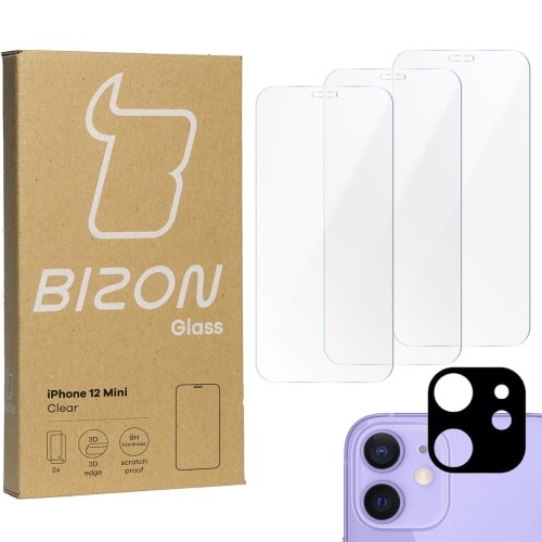 Image of Szkło hartowane Bizon Glass Clear - 3 szt. + obiektyw, iPhone 12 Mini