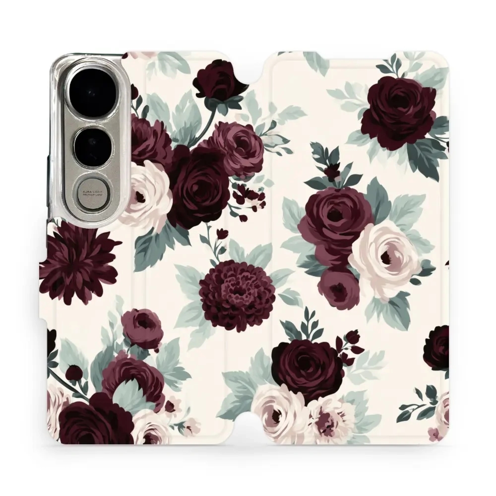 Etui z klapką do vivo V50 Lite 5G / 4G, Mobiwear Book, róże z szałwią na kremie