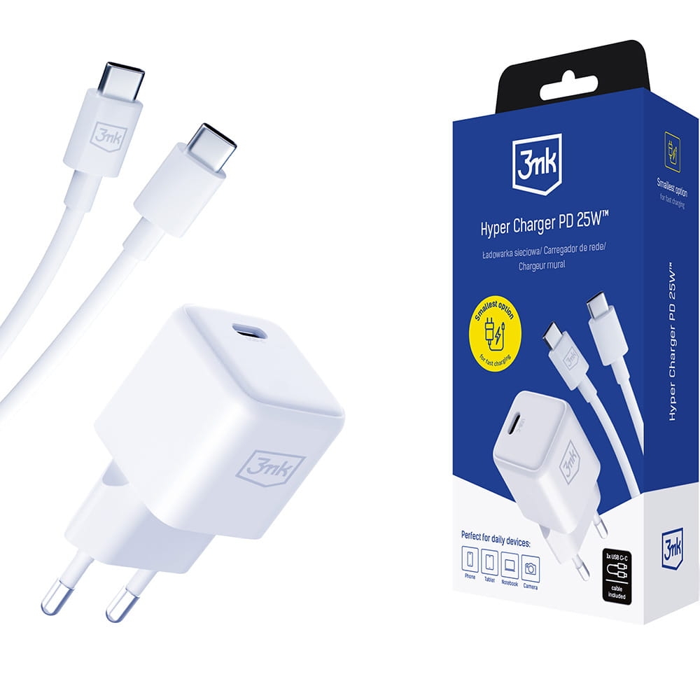 Image of Ładowarka sieciowa 3mk Hyper Charger PD 25W, 1x USB-C, QC, PPS + kabel USB-C, biała