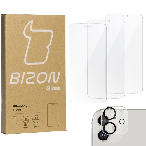 Image of Szkło hartowane Bizon Glass Clear - 3 szt. + obiektyw, iPhone 12