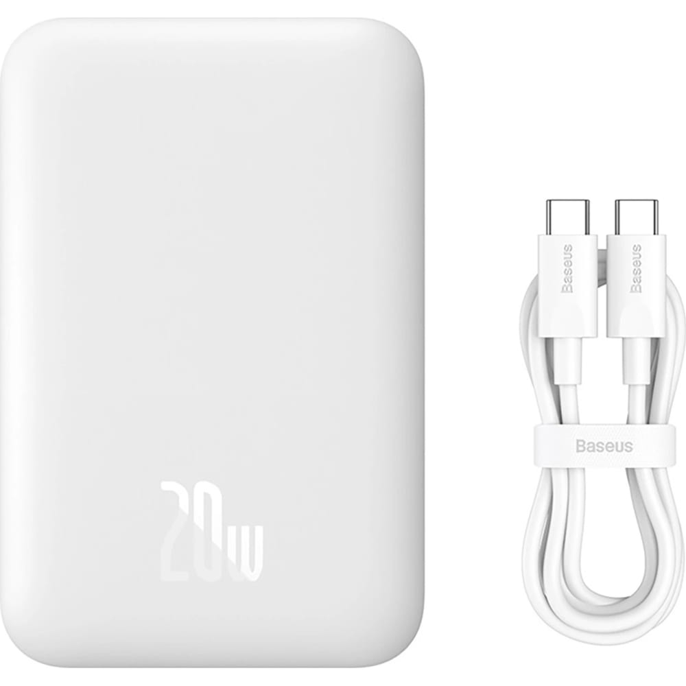 Powerbank indukcyjny Qi  Baseus Magnetic Mini Air, do MagSafe, 6 000mAh, 20W + kabel USB-C, biały