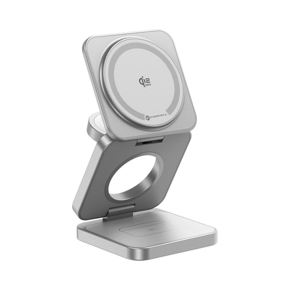 Ładowarka indukcyjna 3w1 Forcell F-Energy AluFold Pro, Qi2.2 do MagSafe, 25W, srebrna