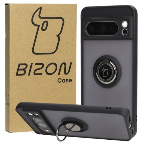 Image of Etui z uchwytem na palec Bizon Case Hybrid Ring do Google Pixel 8 Pro, przydymione z czarną ramką