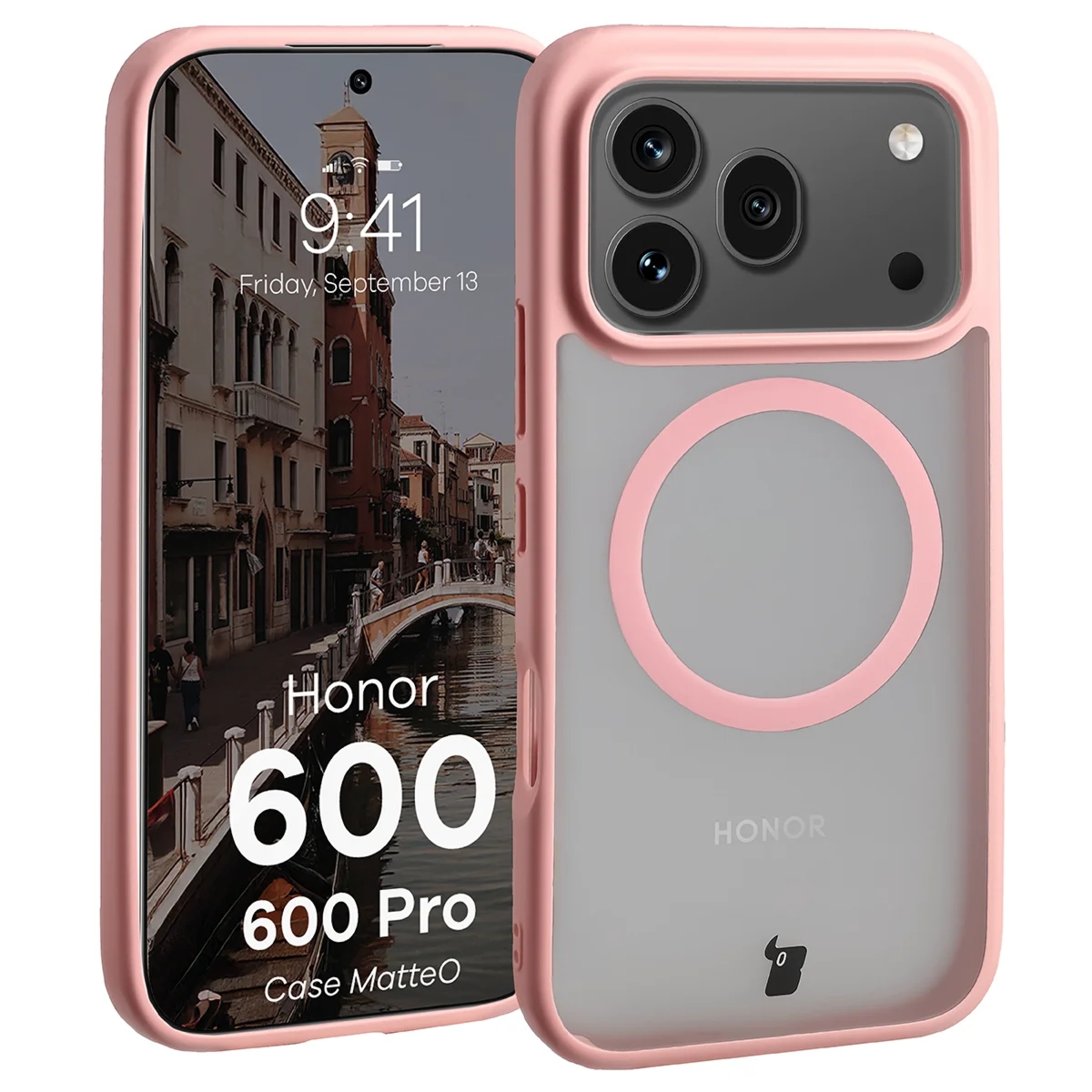 Etui z pierścieniem magnetycznym Bizon Case MatteO do Honor 600 5G / 600 Pro 5G, przydymione-jasnoróżowe