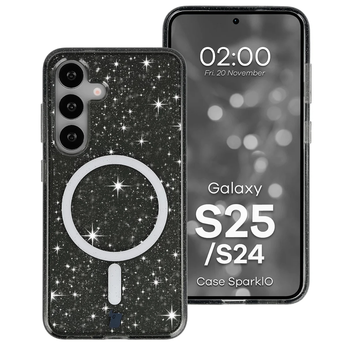 Etui brokatowe z pierścieniem magnetycznym Bizon Case SparklO do Galaxy S25 / S24, przezroczysto-czarne z brokatem