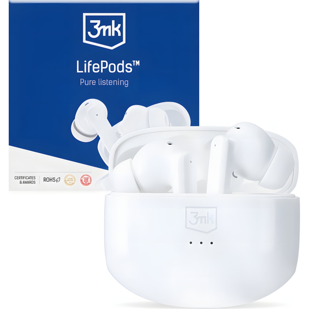 Bezprzewodowe słuchawki dokanałowe 3mk LifePods z aktywną redukcją szumów ANC, Bluetooth 5.3, białe
