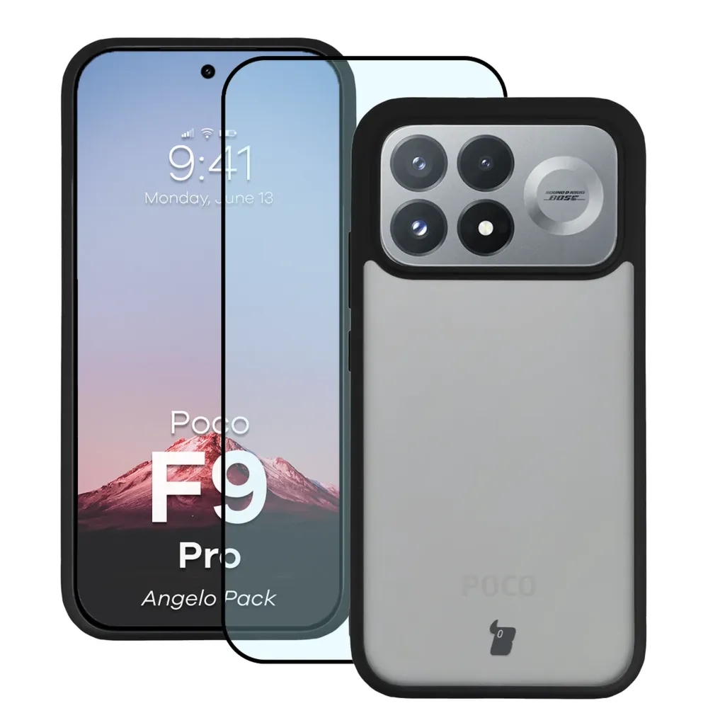 Etui + szkło hartowane Bizon Angelo Pack do Xiaomi POCO F9 Pro, przydymione z czarną ramką