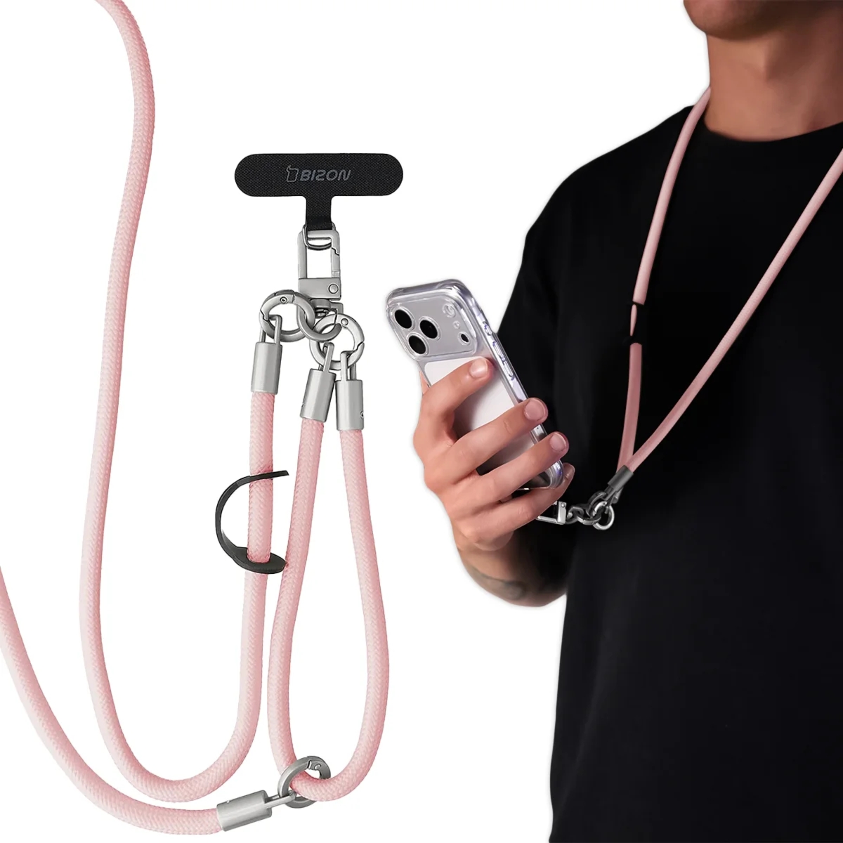 Uniwersalna smycz do telefonu na nadgarstek, szyję i ramię Bizon Accessories ReLoop, jasnoróżowa