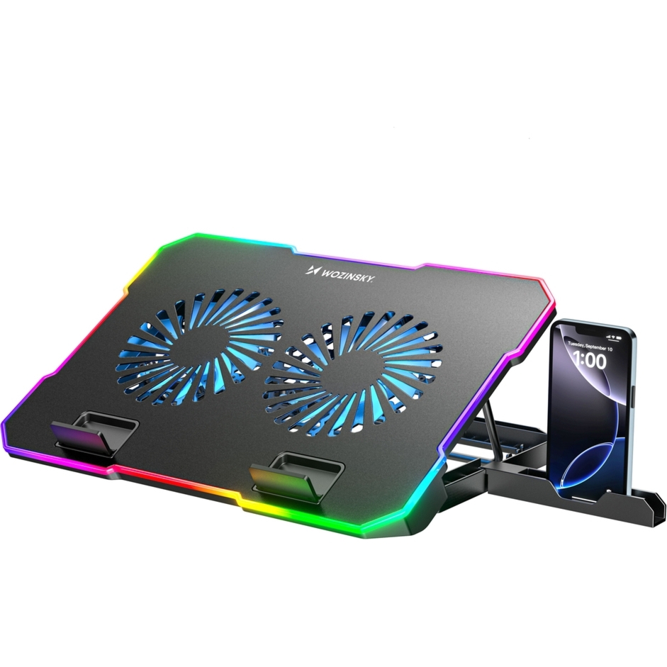 Podstawka chłodząca pod laptopa do 17″, Wozinsky WDCX-A26 NitroCool RGB z uchwytem na telefon, czarna