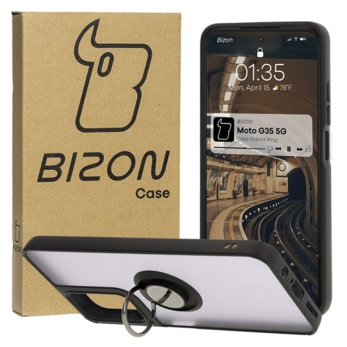 Image of Etui z uchwytem na palec Bizon Case Hybrid Ring do Motorola Moto G35 5G, przydymione z czarną ramką
