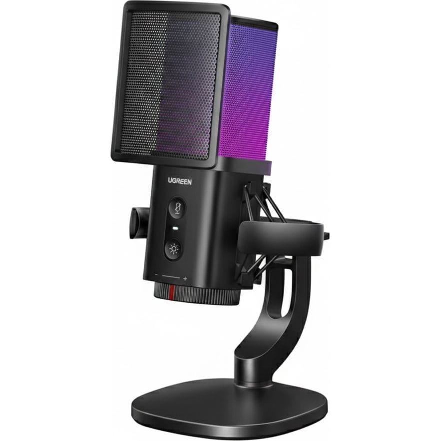 Mikrofon przewodowy, biurkowy Ugreen CM581, RGB, z pop filtrem, koszykiem i kablem USB-A/USB-C 1,5 m, czarny