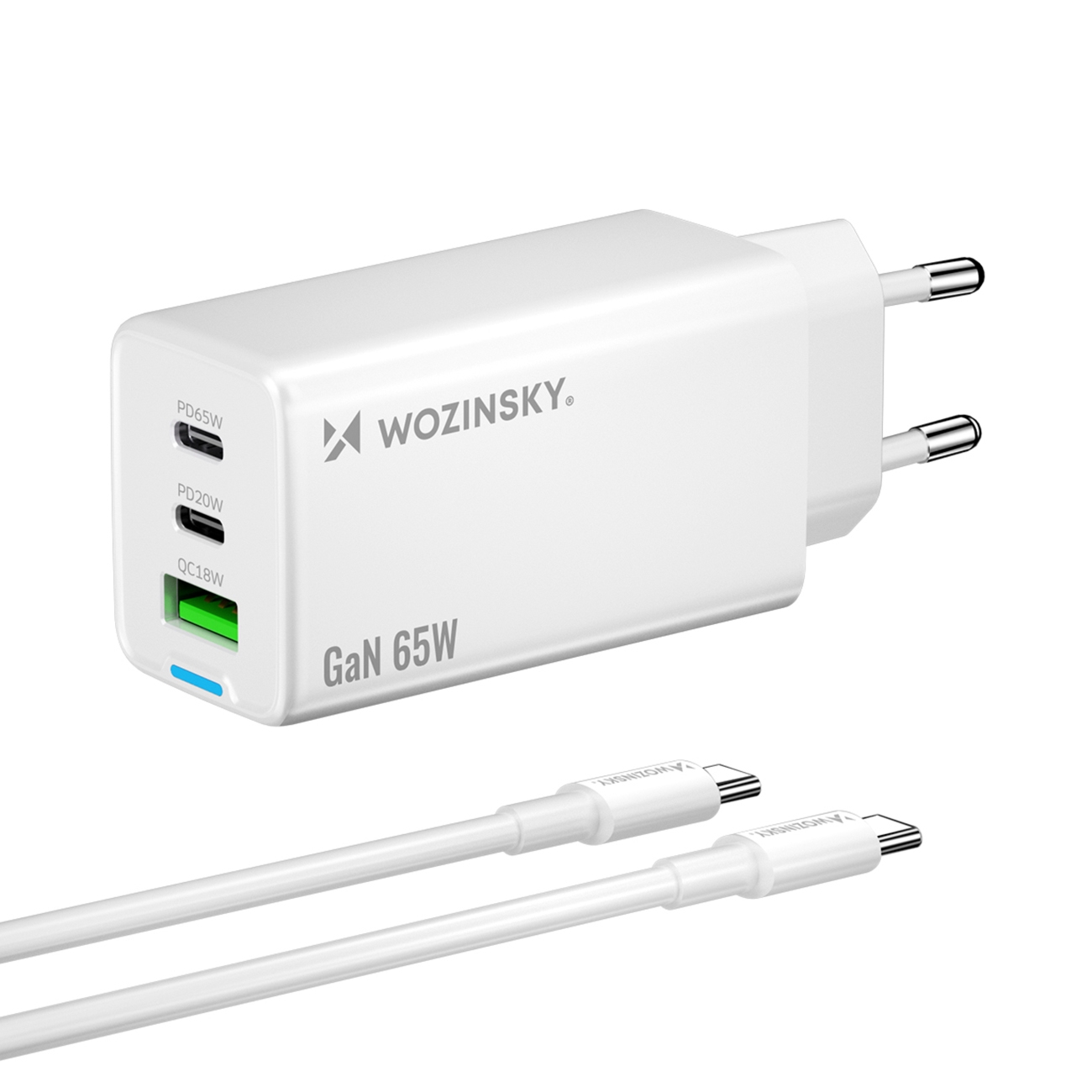 Ładowarka sieciowa Wozinsky WDCCBC, GaN 65 W, 2x USB-A / 1x USB-C + kabel, biała
