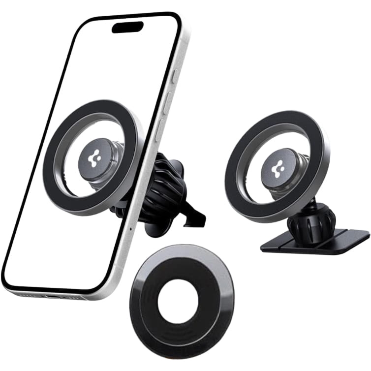 Uchwyt samochodowy, magnetyczny na telefon na deskę rozdzielczą / kratkę nawiewu do MagSafe Spigen MFT13 Magnetic Car Mount z blaszką magnetyczną, szaro-czarny