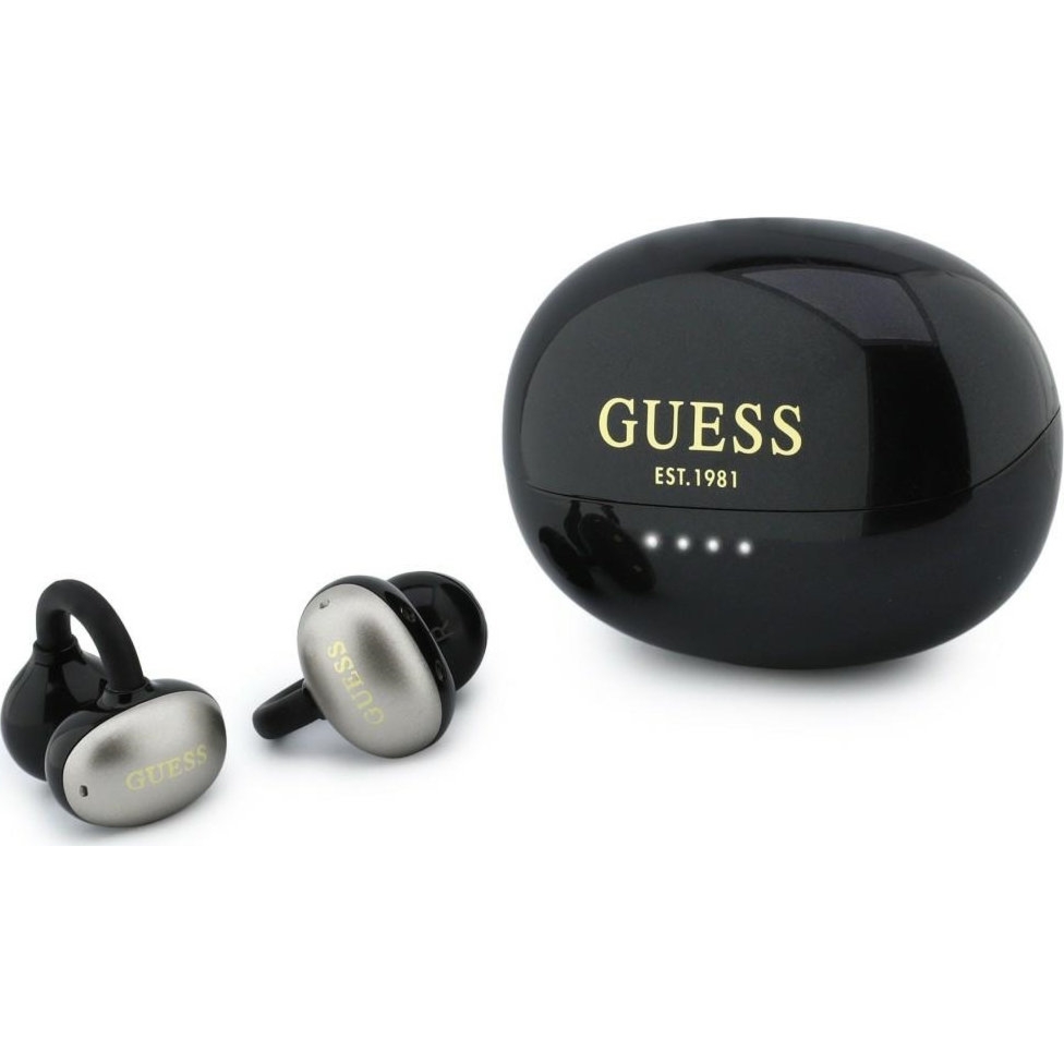 Bezprzewodowe słuchawki douszne, otwarte Guess OWS Metalic Finish Electroplated Parts Classic Logo, Bluetooth 6.0, czarno-szare, metaliczne