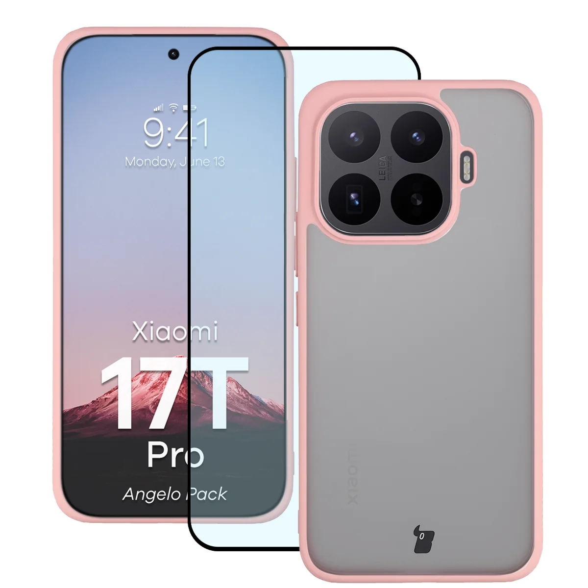 Etui + szkło hartowane Bizon Angelo Pack do Xiaomi 17T Pro, półprzezroczyste z jasnoróżową ramką