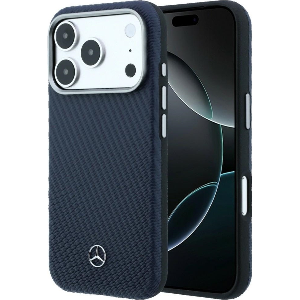 Etui Mercedes-Benz Leather Semi Wrap Wood Effect MagSafe do iPhone 17 Pro Max, granatowe