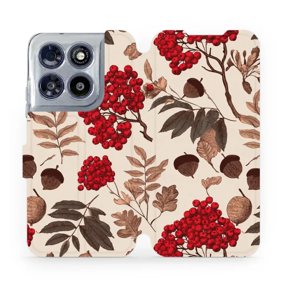 Etui z klapką do Motorola Moto G67 5G, Mobiwear Book, jarzębina na ecru