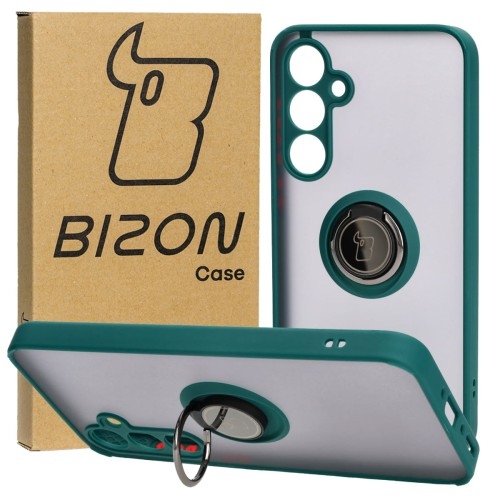 Image of Etui z uchwytem na palec Bizon Case Hybrid Ring do Galaxy A35 5G, przydymione z ciemnozieloną ramką