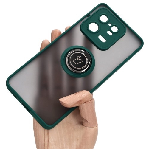 Image of Etui z uchwytem na palec Bizon Case Hybrid Ring do Xiaomi 13 Pro, przydymione z ciemnozieloną ramką